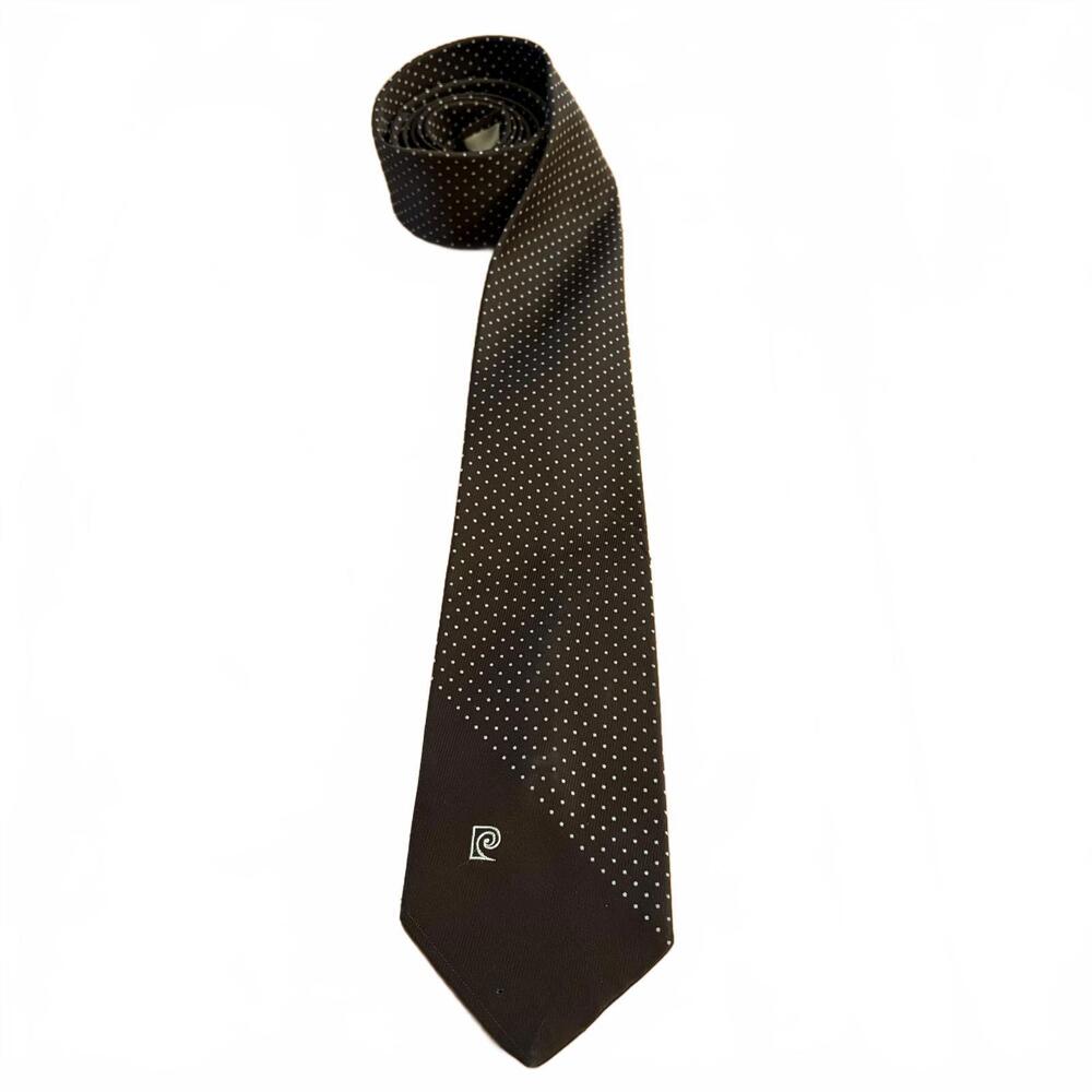 Pierre Cardin Men's Necktie Brown white Polka Dots Embroidered Logo Tie Vintage